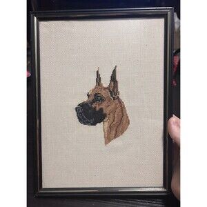 Great Dane Needlepoint Art On Canvas 9x12  Black Framed Dog Picture Brown Animal